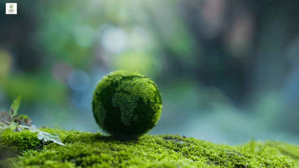 Eco-friendly globe made of green vegetation symbolizing carbon neutral travel and environmental sustainability