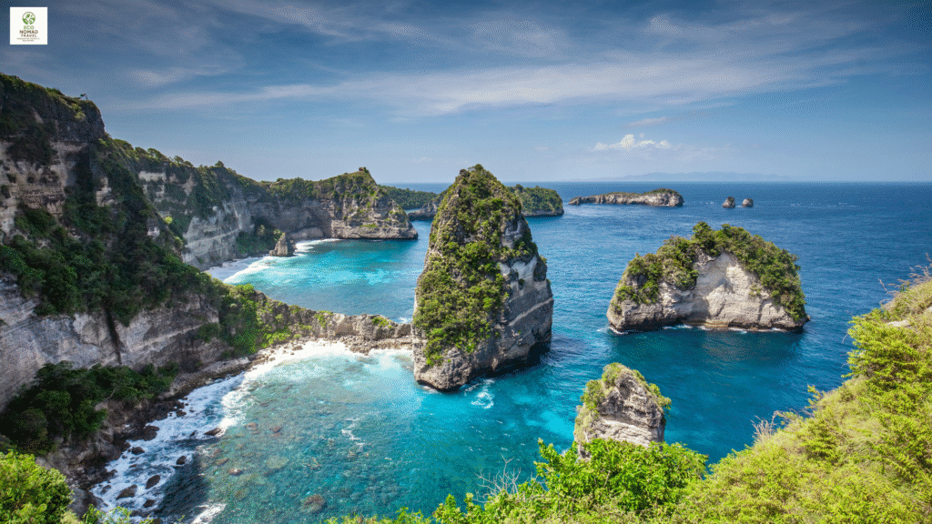 A serene coastline ideal for sustainable nomadism, featuring eco-resorts, remote workspaces, and green travel paths.