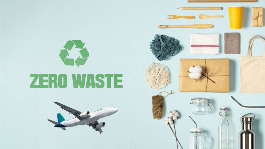 Zero waste packing list 2025 flat lay: reusable bottle, collapsible cup, bamboo cutlery, steel containers, soap & toothpaste tablets