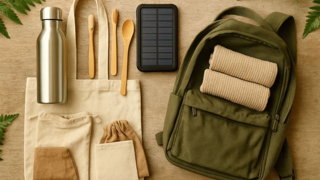 Flat lay of sustainable eco-friendly travel accessories including reusable bottle, bamboo utensils, and solar charger on a wooden background.