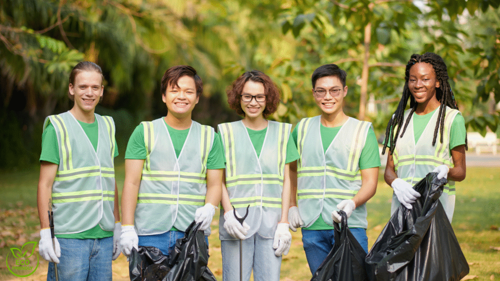 Diverse group of eco-volunteers planting trees during a regenerative travel project in 2025