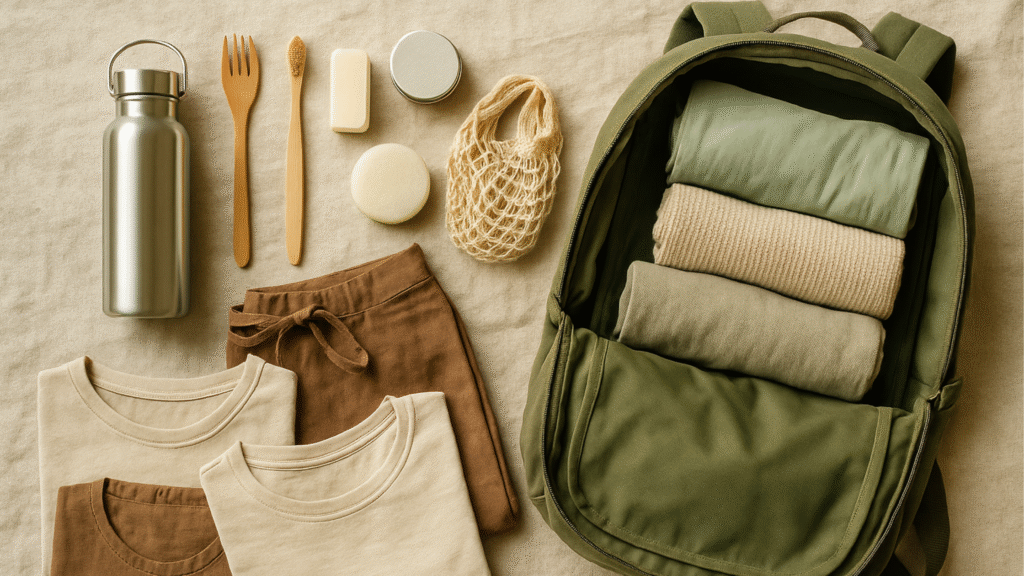 Flat lay of eco-friendly travel essentials for low-impact packing in 2025 — reusable bottle, solid toiletries, bamboo toothbrush, and lightweight clothing.