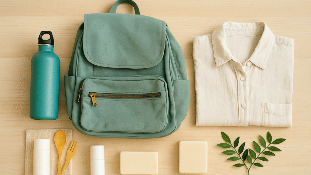 Flat lay of sustainable travel essentials — reusable bottle, eco toiletries, and light backpack for low-impact travel in 2025.”