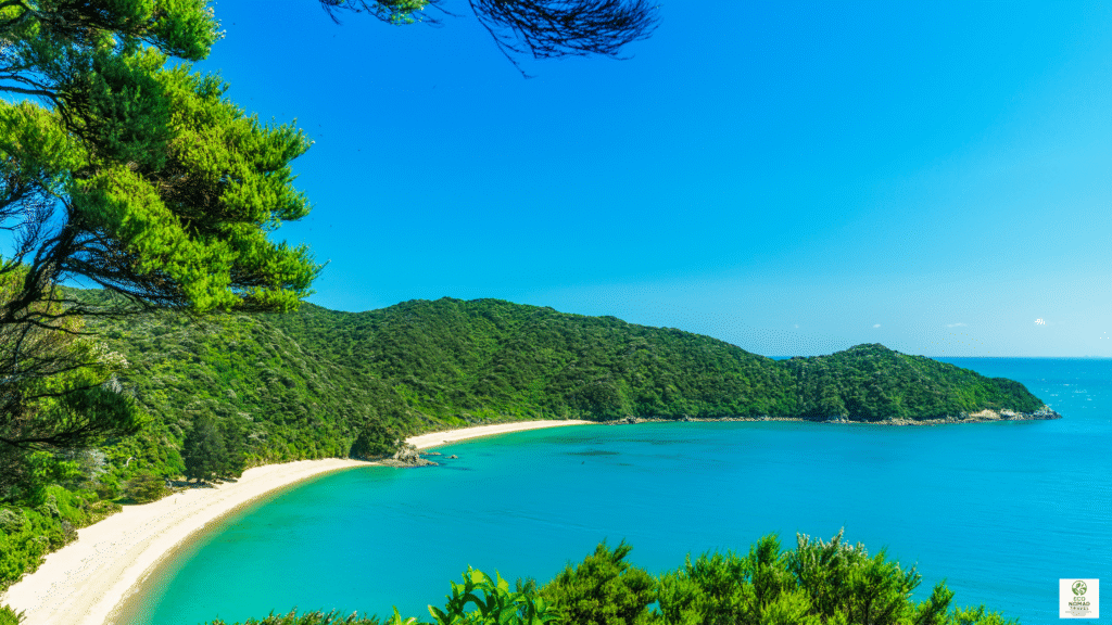 Golden sand beaches and turquoise bays of Abel Tasman National Park in New Zealand, a stunning natural backdrop for workation cities in 2025.