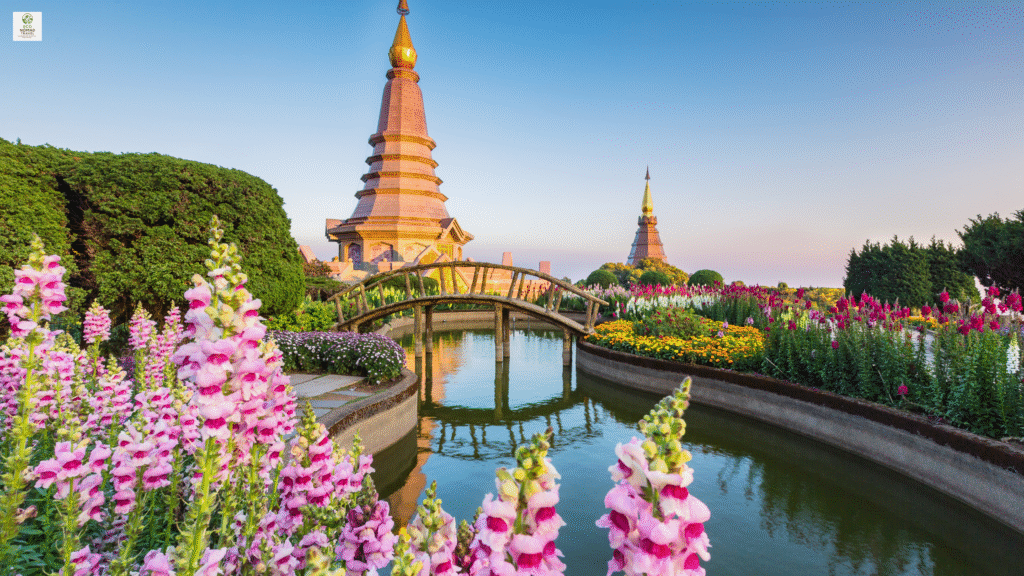 “Chiang Mai temple and bridge surrounded by greenery — symbol of balance between spiritual and sustainable remote work in Thailand.”