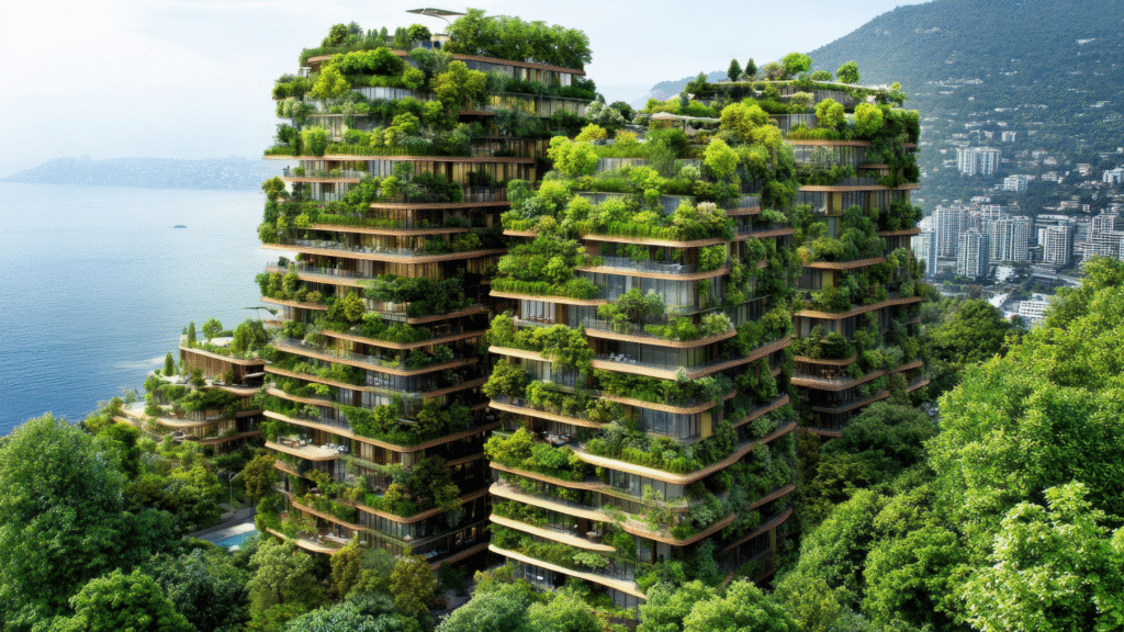 Digital nomad working in a sustainable city with greenery and modern eco architecture – Eco Nomad Travel 2025