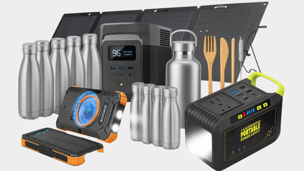 Eco travel kit with solar generator, power banks, stainless steel bottles, and bamboo cutlery