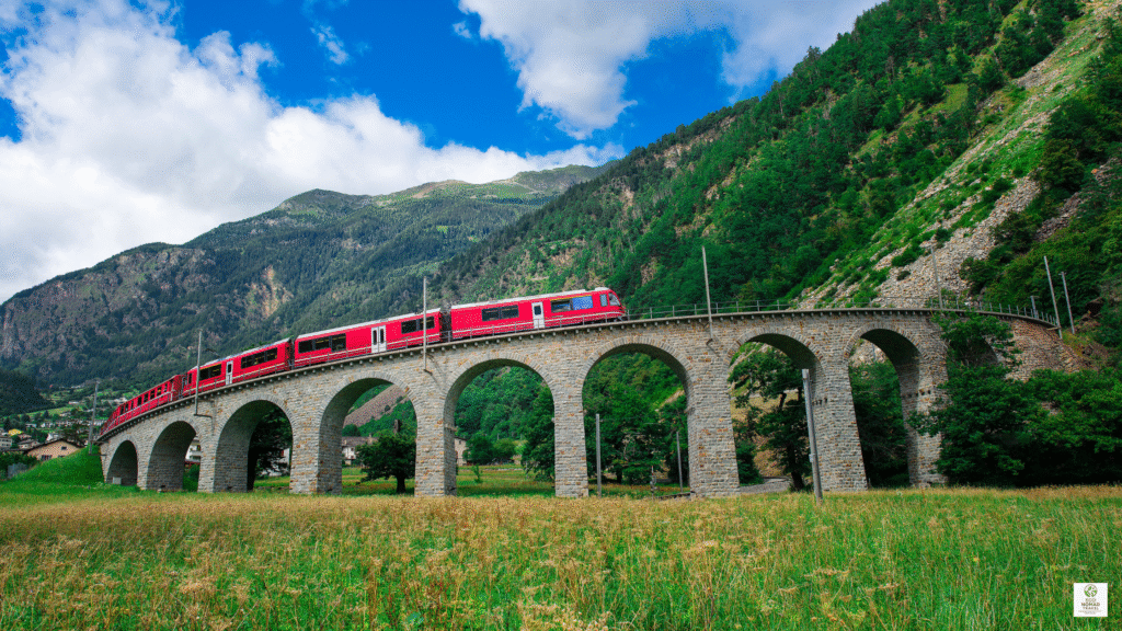 European electric train crossing a green alpine valley in the Swiss Alps, showing low-carbon rail travel to reduce your carbon footprint in 2025