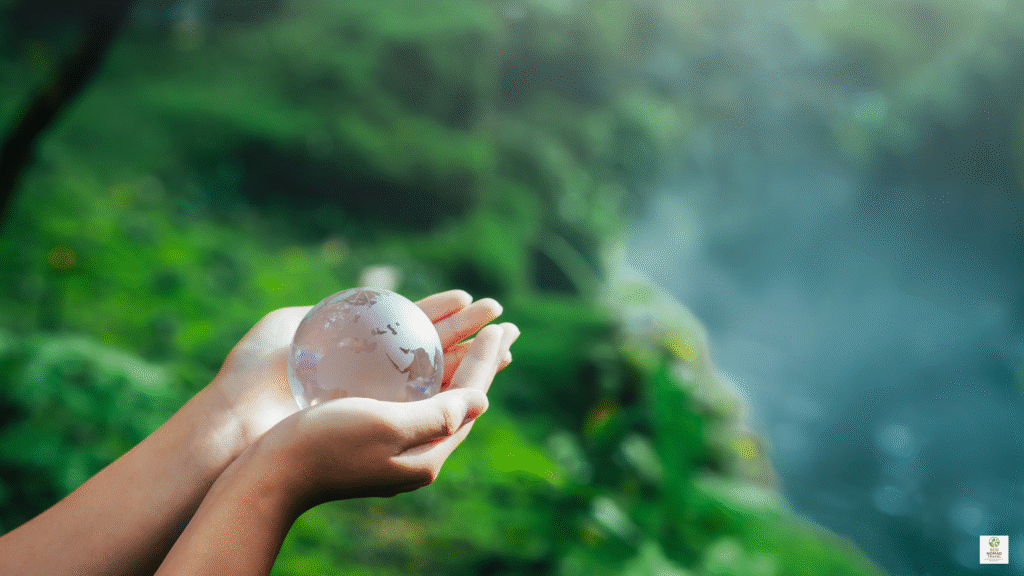 Eco traveler standing in a forest holding a glass globe, symbolizing carbon-neutral travel in 2025