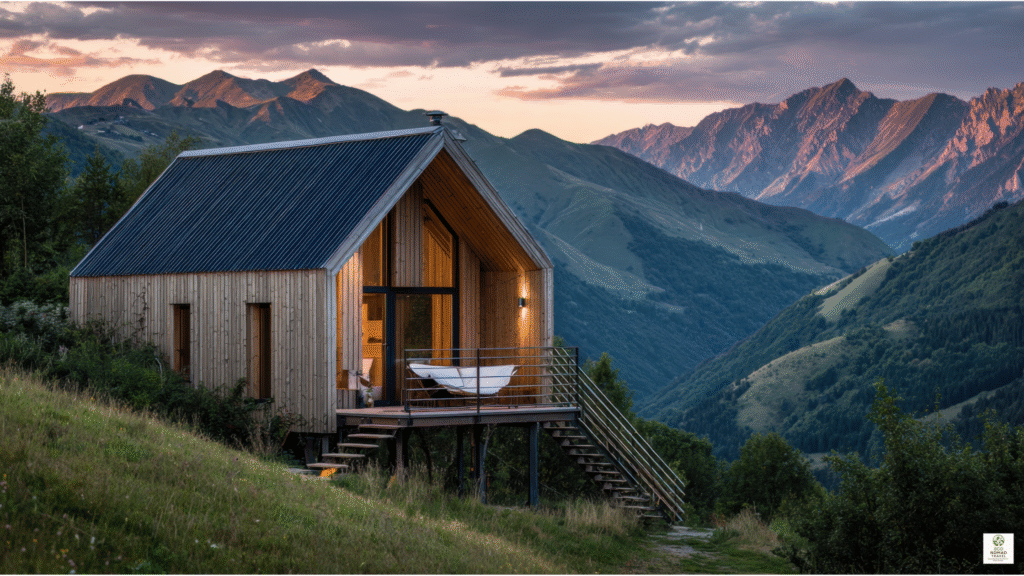 Off-grid eco cabin with rooftop solar panels in a forest setting, showing a sustainable retreat for carbon-neutral digital nomads.