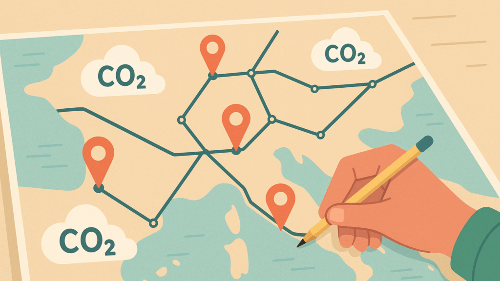 Hand planning low-carbon rail routes on a map with CO₂ icons, representing how to calculate and reduce your travel carbon footprint in 2025.