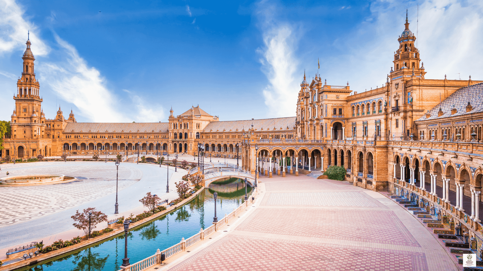 Plaza de España in Seville, Spain at sunrise, highlighting a landmark stop on a rail-first flight-free travel itinerary across Iberia in 2025