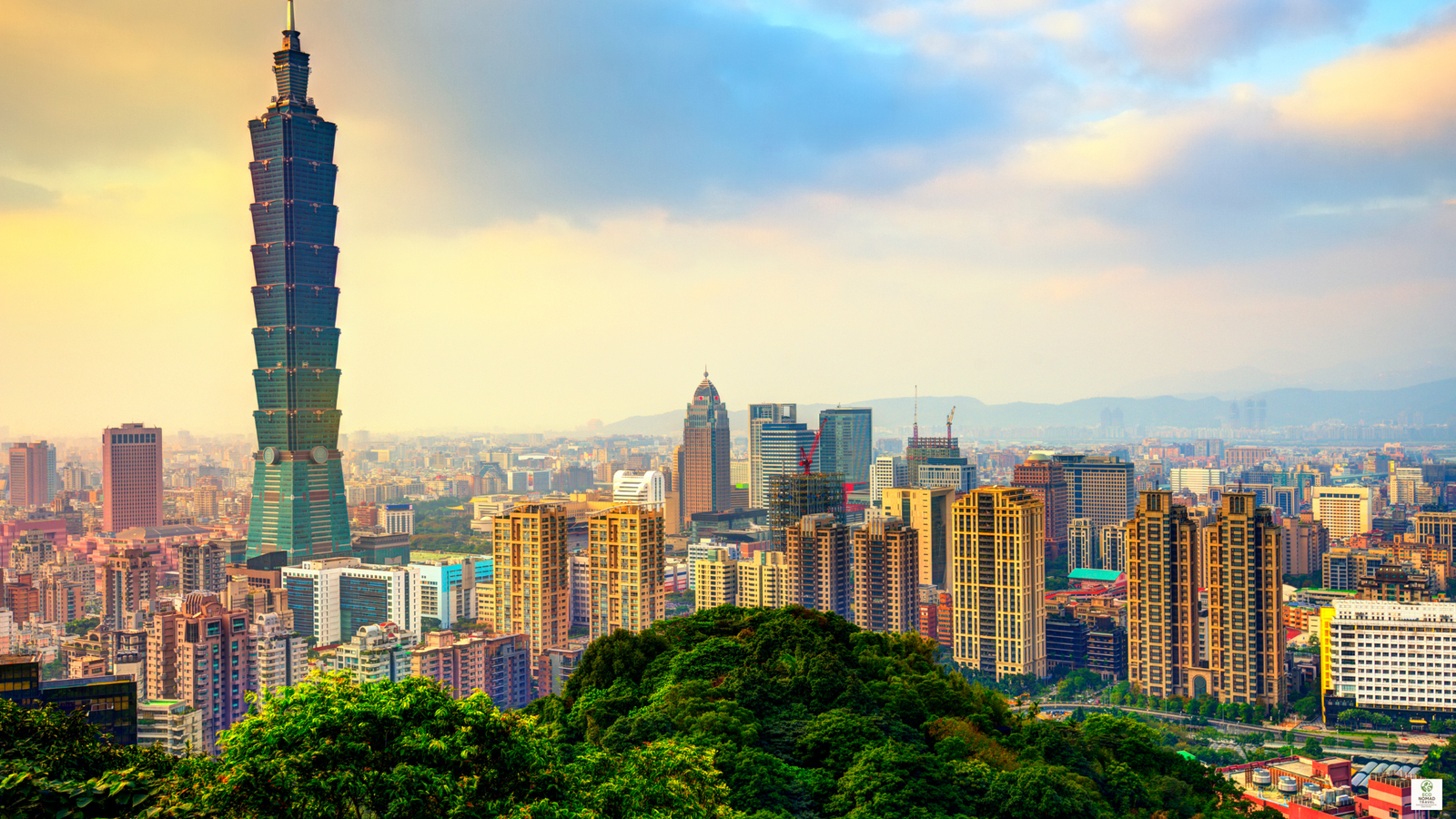 Taipei skyline and Taipei 101 during sunset — a top sustainable workation city