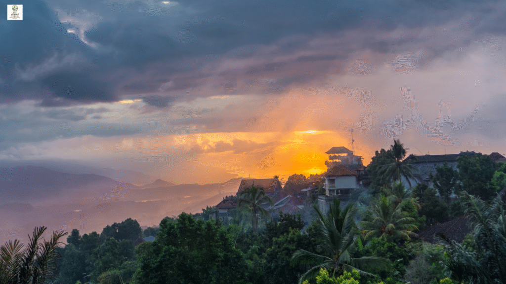 Sunset over Ulun Danu Beratan Temple in Bali, reflected on the lake, highlighting the island’s serene eco retreat atmosphere for digital nomads in 2025.