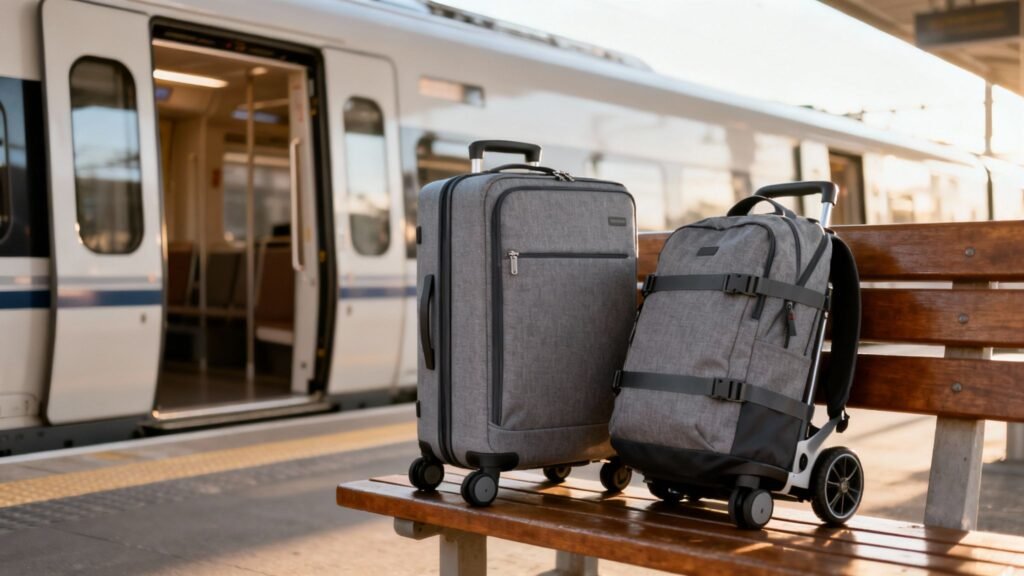 Luggage sitting on a bench at a train station, best luggage for train travel