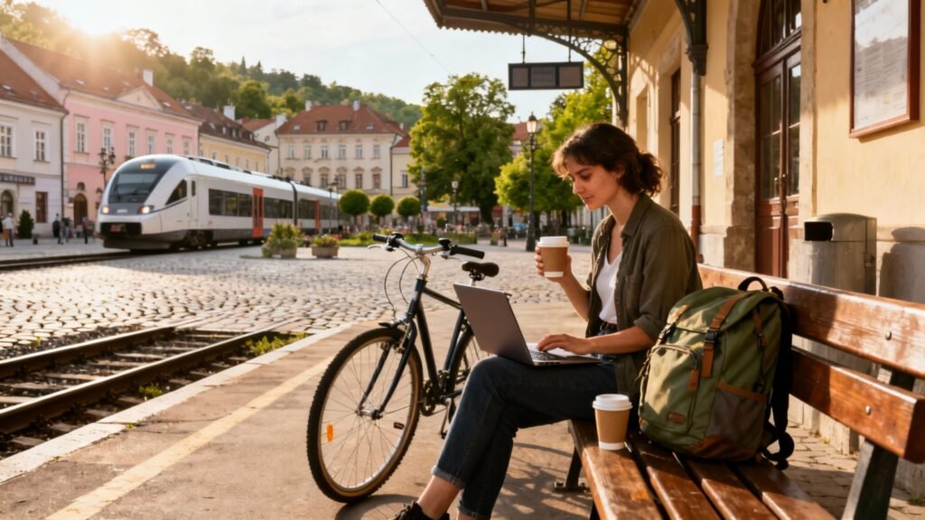 Woman resting on a bench with her bike beside her, exploring one of the best places to travel in eastern europe sustainably.