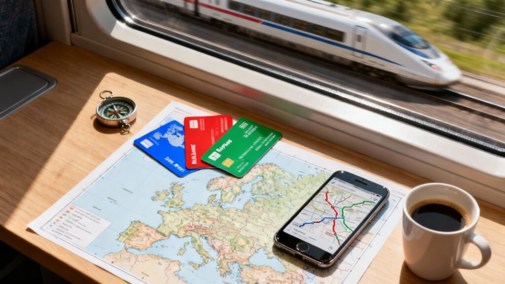 Best Rail Passes for Europe — map and smartphone route on a train table while traveling across Europe