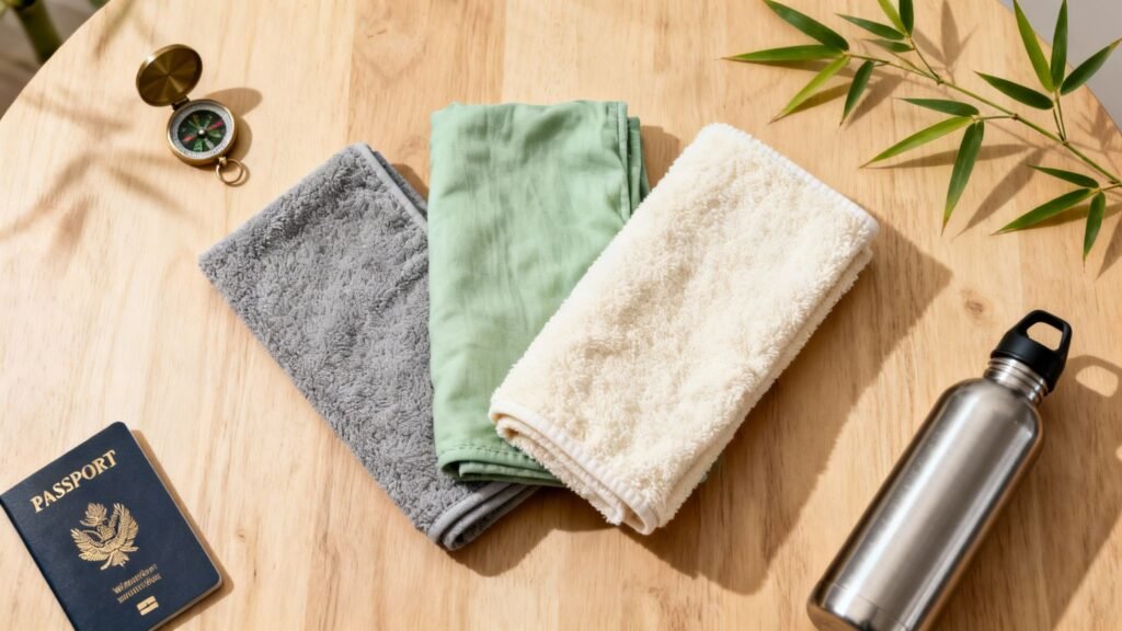 Best travel towels with a stainless steel water bottle and passport on a table