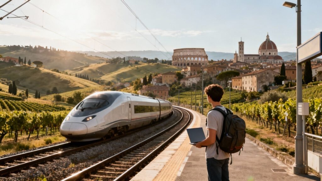Man waiting at an electric train station in Italy, showing the best way to travel Italy by rail.