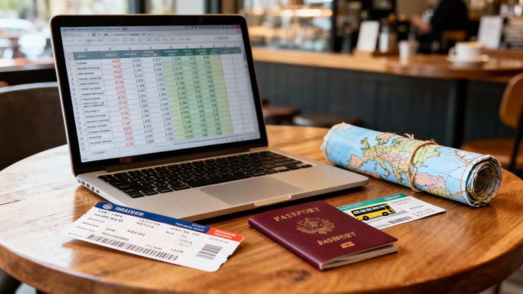 Cheapest way to travel to Europe planning setup with a laptop budget spreadsheet, train or bus tickets, passport, and a rolled map on a café table.