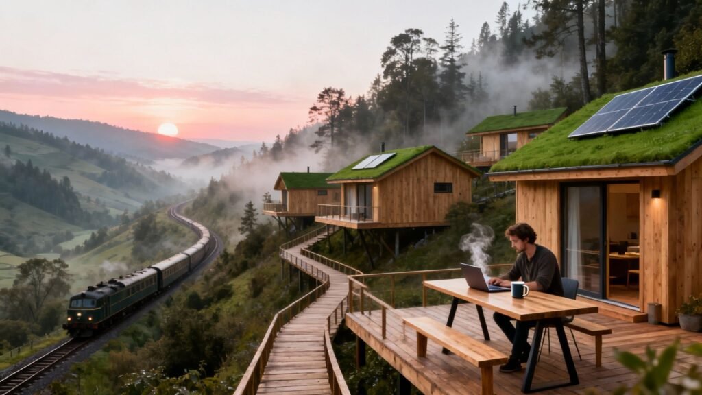 Remote eco friendly lodges tucked into a quiet natural landscape, designed for low-impact stays far from crowds.