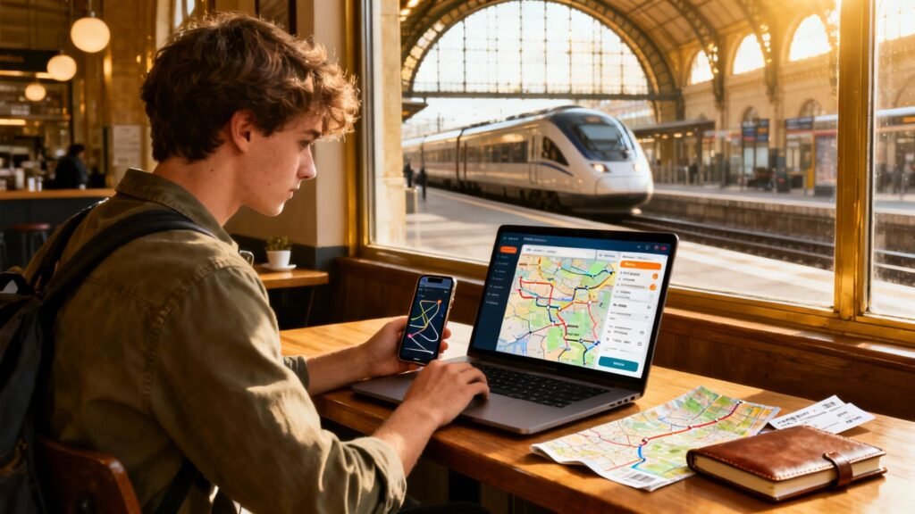 Train Travel Route Planner: Planning a Rail Trip on Phone and Laptop
