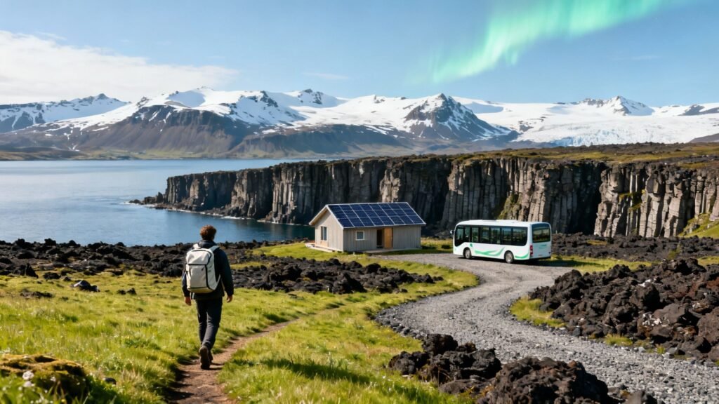 5 days in Iceland itinerary featuring a hiker heading toward a solar-powered cabin and an electric bus beside coastal cliffs, snowy mountains, and the northern lights.
