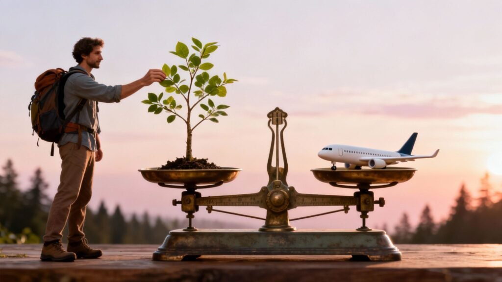 Are carbon offsets effective? A traveler adjusts a small tree on a balance scale opposite a toy airplane, symbolizing emissions versus offsetting.