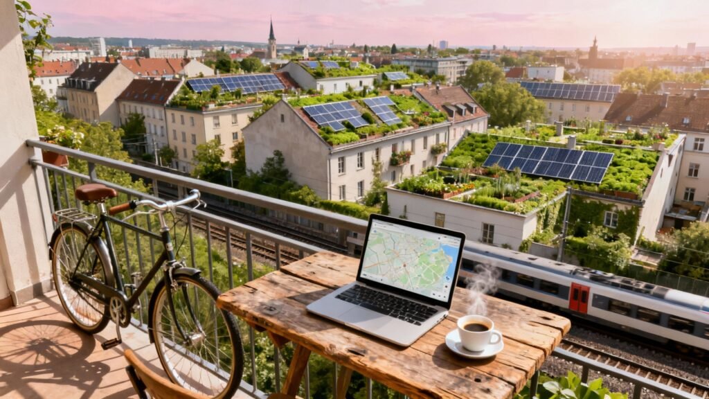 Best places in Europe to live: a balcony workspace with a laptop and coffee overlooking a green European city
