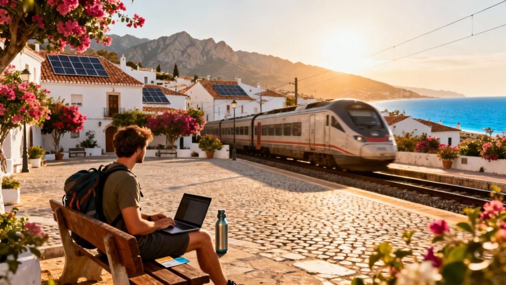 Man waiting at a Spanish train station with a laptop open, showing car-free travel—best places to visit in Spain.