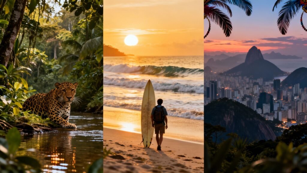 Best time to visit Brazil: split image showing a man on the beach with a surfboard at sunset, a large cat in the jungle, and a city with mountains in the background.