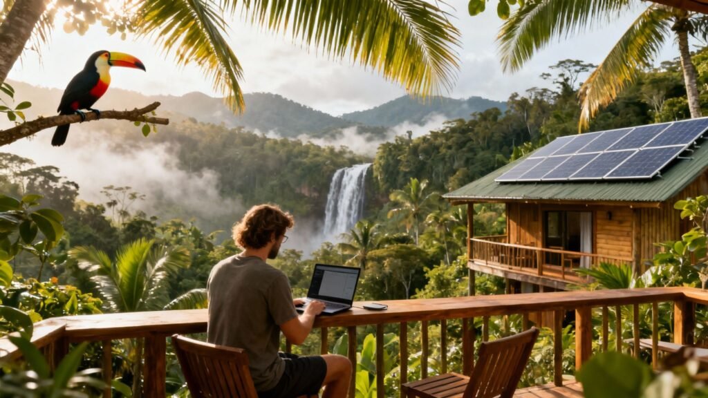 Costa Rica and ecotourism jungle workspace with solar-powered eco-lodge, waterfall view, and digital nomad working on a balcony.