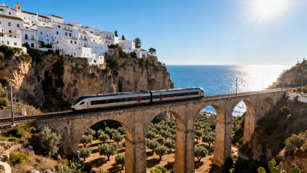 day trip from malaga: a train crossing a dramatic stone bridge near Ronda above a deep gorge, with whitewashed villages and Andalusian hills in the background.