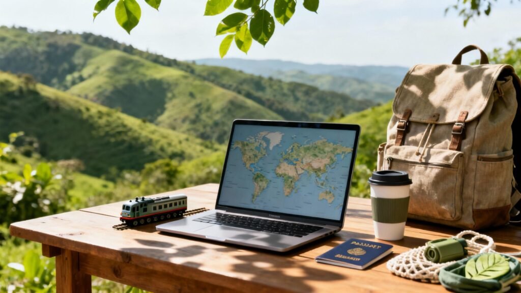 Digital nomad jobs — laptop and travel essentials on an outdoor table overlooking green mountains