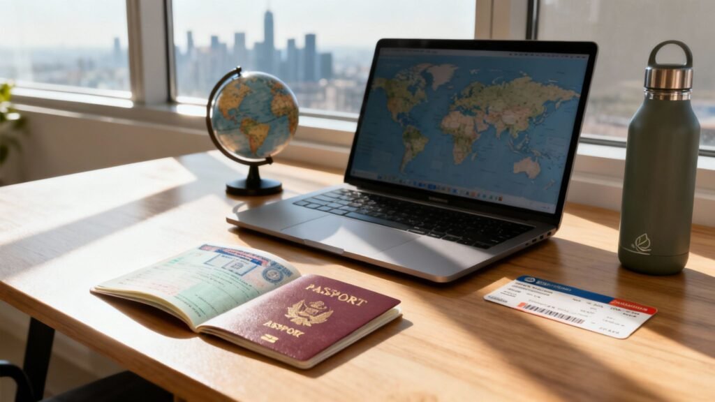 Digital nomad visas travel planning desk with laptop world map, passport, boarding pass, and reusable water bottle by a city-view window.