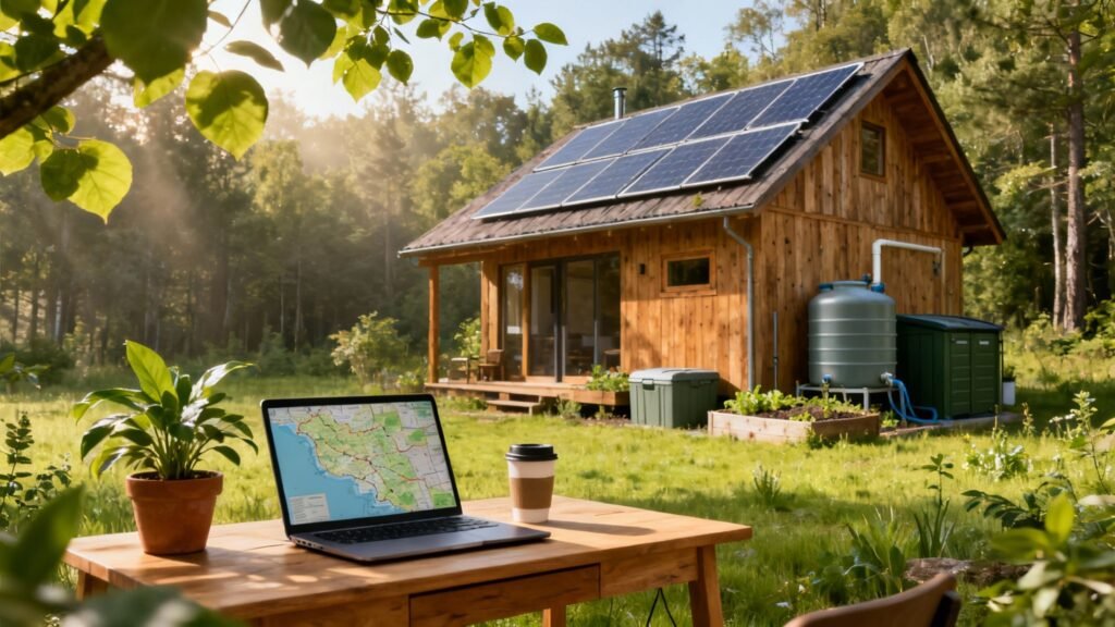 eco friendly lodging with a solar-powered wooden cabin in a forest, outdoor desk with laptop map and coffee