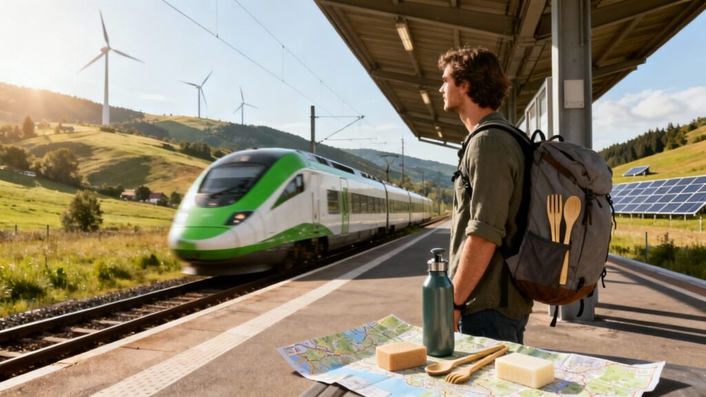 Eco friendly travel scene of a backpacker taking a train through the countryside with wind turbines, solar panels, and reusable essentials.