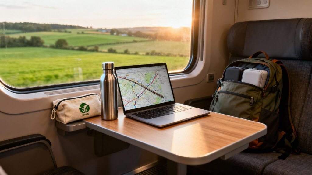 Eco-Friendly Travel Tips: a laptop and reusable water bottle on a train table with scenic countryside views through the window.