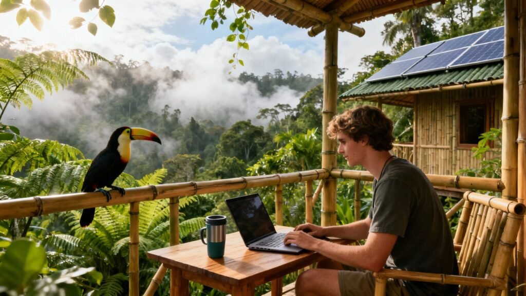 Ecotourism in Costa Rica: a remote worker using a laptop on a bamboo balcony beside a toucan, with rainforest views and solar panels.