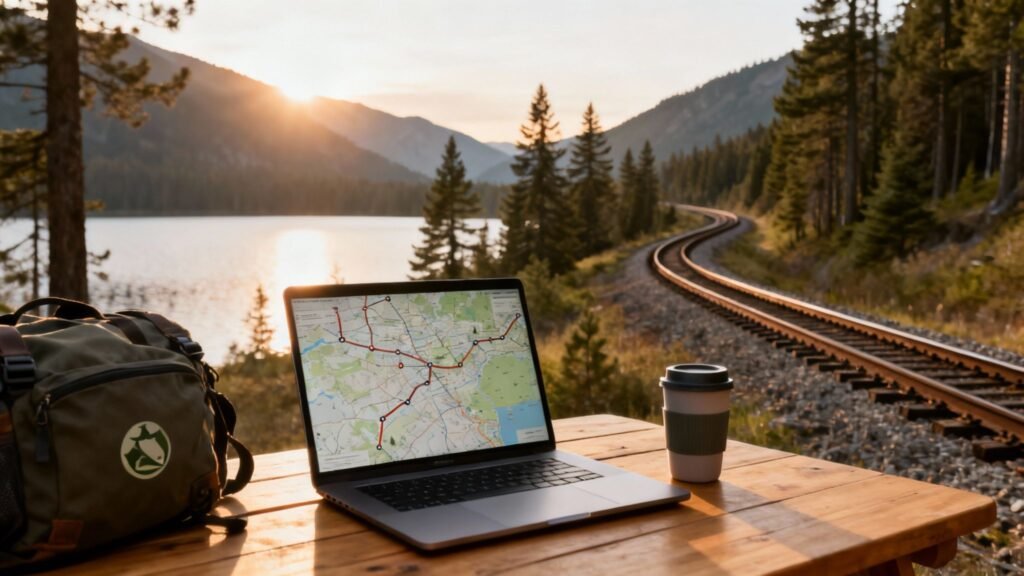 Ecotourism-inspired remote work setup by a lakeside rail route, with a laptop showing a map, backpack, and coffee beside train tracks at sunrise.
