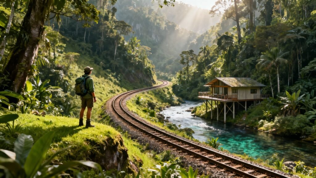 Ecotourism tourism scene of a backpacker beside a curving railway through lush rainforest, with a river and stilt cabin in the valley.