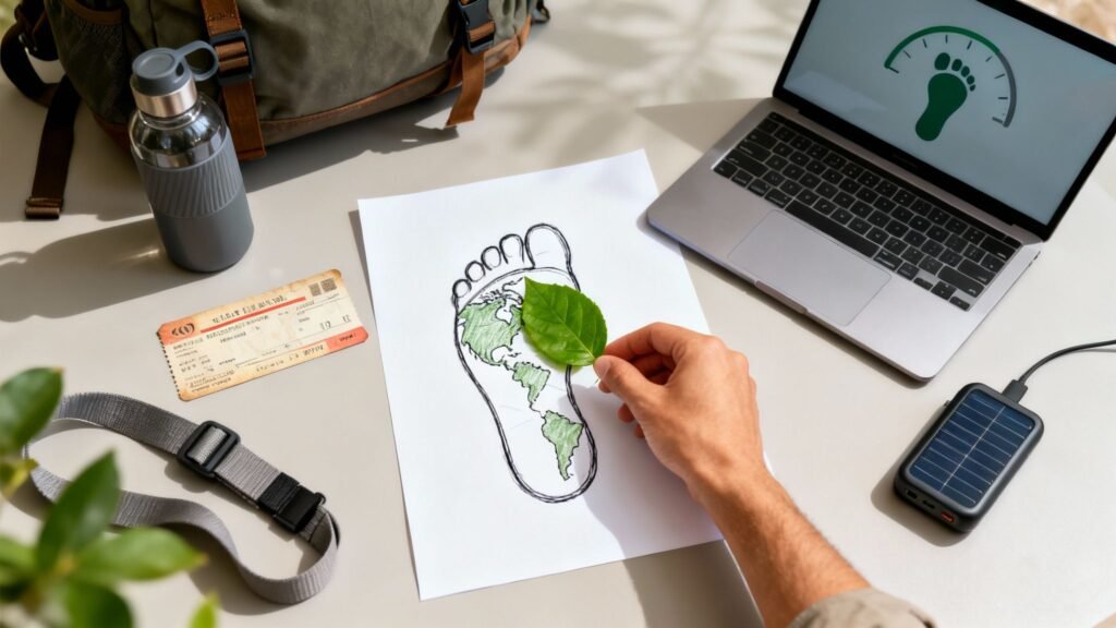 How do we reduce our ecological footprint? Traveler’s desk with a footprint sketch, green leaf, reusable bottle, solar charger, and laptop showing sustainability meter.