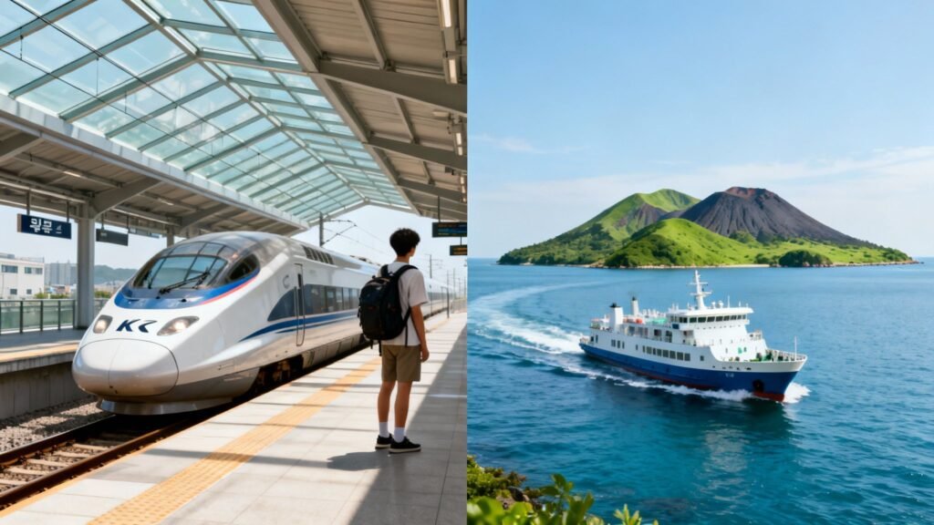 Split image showing a young traveler waiting by an electric train on one side and a ferry boat on the water with mountains on the other, illustrating how to get from Seoul to Jeju Island.