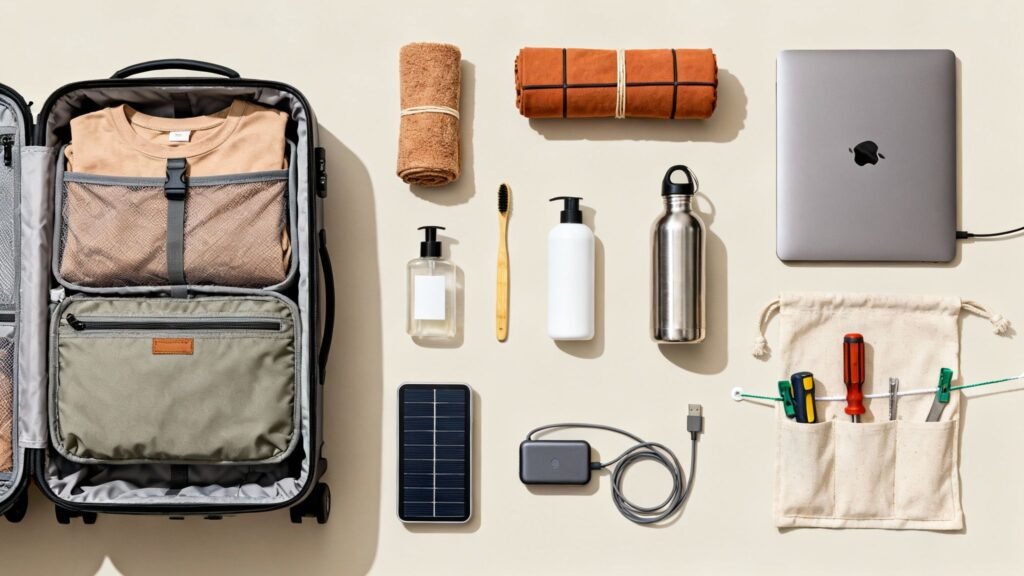 Long term travel packing list essentials laid out beside an open suitcase, including clothes, reusable bottles, toiletries, laptop, charger, and solar power bank.