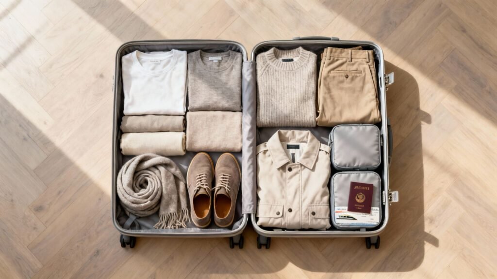 Minimalist travel capsule wardrobe packed neatly in an open carry-on suitcase with neutral clothing, shoes, packing cubes, and a passport.