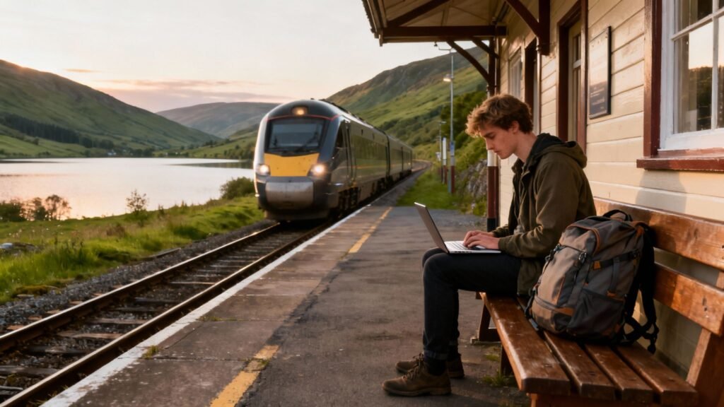 Planning a trip to Scotland: a young man with a backpack uses a laptop while sitting outside a train station.