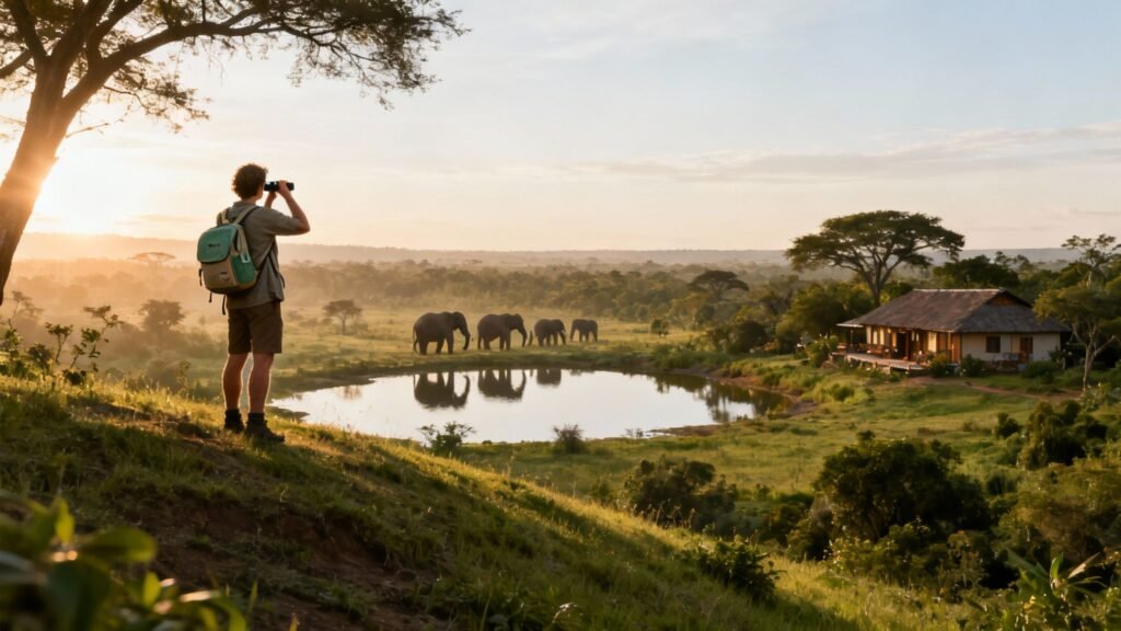 Responsible wildlife tourism—traveler observes elephants by a watering hole at sunrise from a safe, respectful distance.
