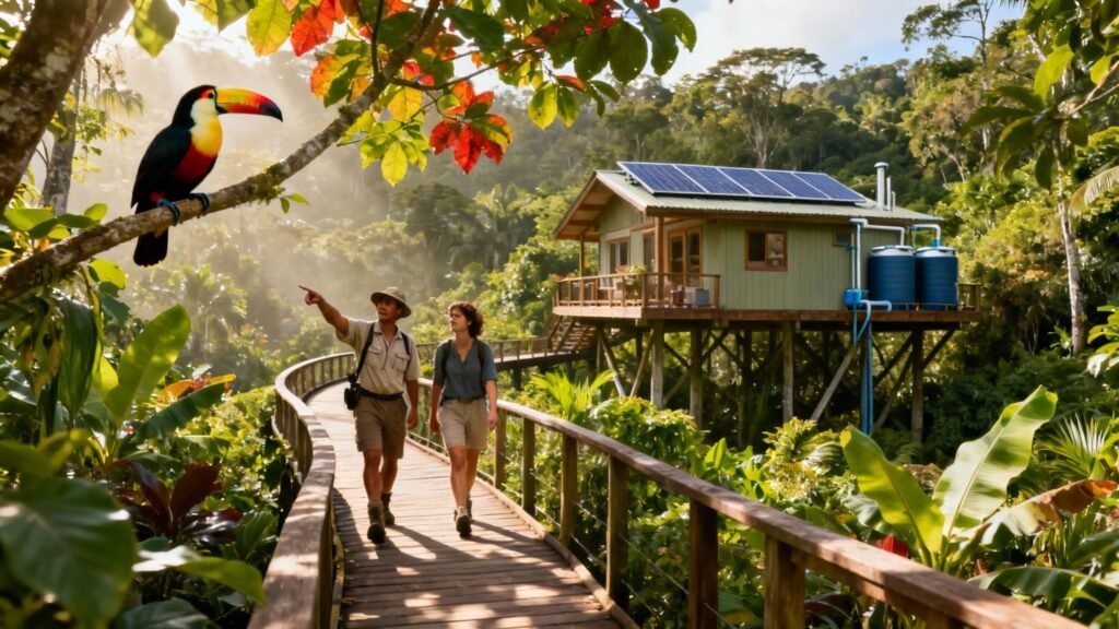 Sustainable tourism in Costa Rica: travelers walking a rainforest boardwalk toward a solar-powered eco lodge with a toucan perched overhead.