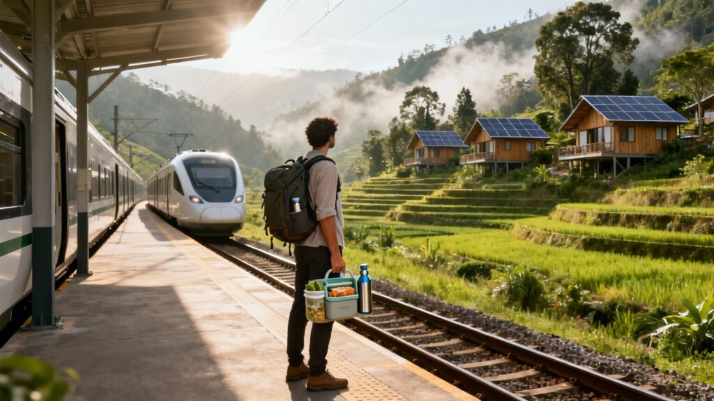 Traveler waiting at a train platform in a green valley with solar-powered eco lodges and terraced fields, showing sustainable tourism through rail-first travel.
