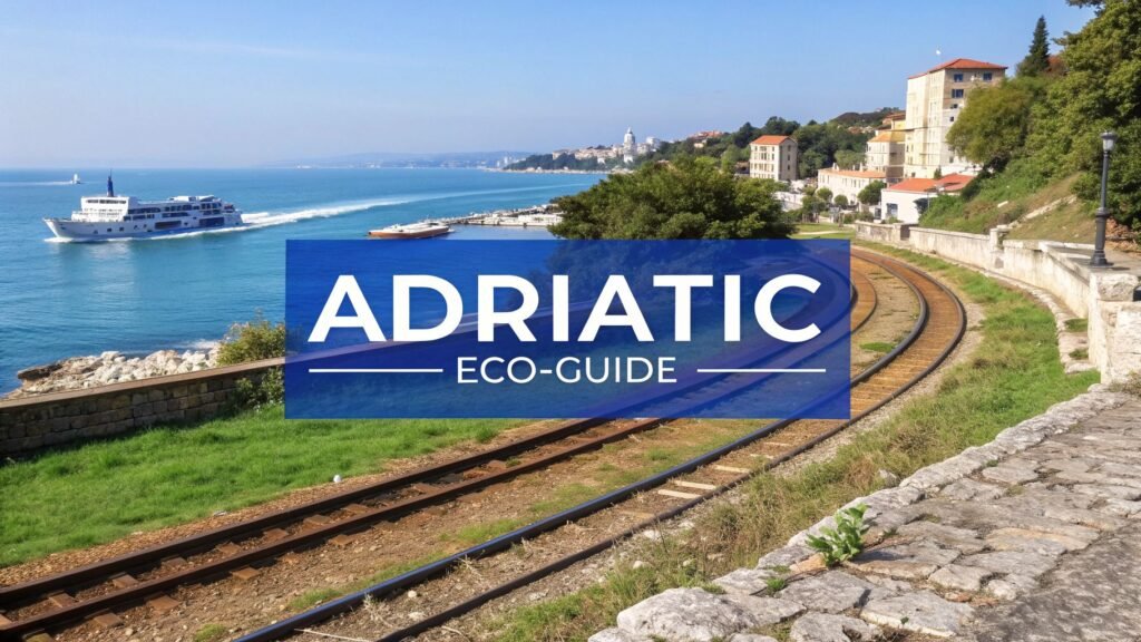 Adriatic ocean: a coastal railway curves along the shoreline as a ferry crosses bright blue water near a historic seaside town.